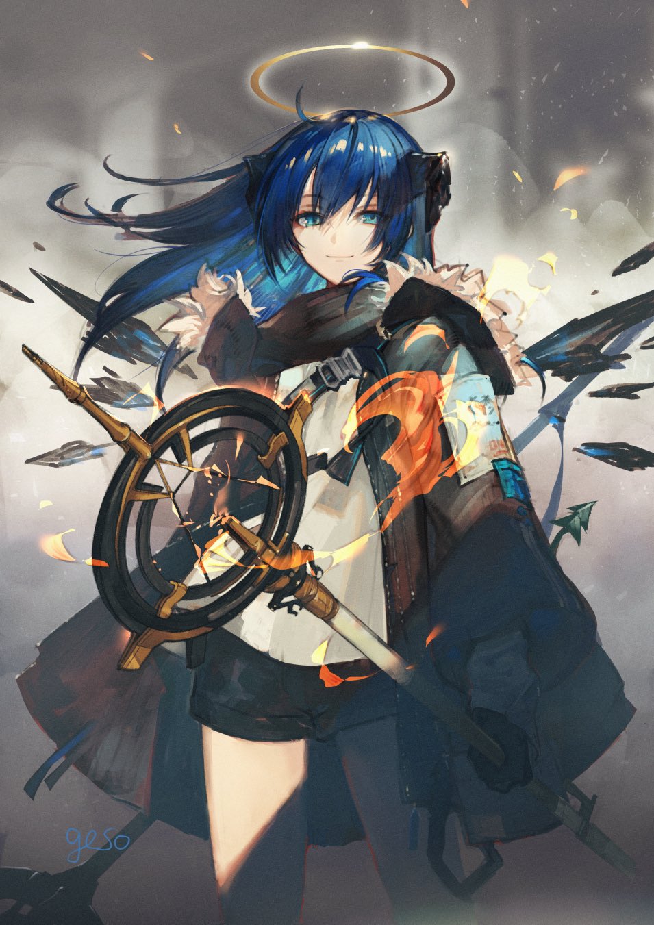 1girl arknights artist_name bangs black_gloves black_jacket black_shorts blue_eyes blue_hair closed_mouth commentary_request eyebrows_visible_through_hair facing_viewer fur fur-trimmed_hood fur-trimmed_jacket fur_trim gloves hair_between_eyes halo highres holding holding_staff hood horns jacket long_hair long_sleeves looking_at_viewer mostima_(arknights) open_clothes shirt short_shorts shorts smile smoke solo staff standing strap umiu_geso white_shirt