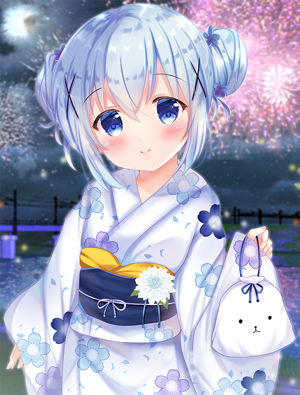 1girl aerial_fireworks bangs blue_eyes blue_flower blue_hair blurry blurry_background blush closed_mouth commentary_request depth_of_field double_bun eyebrows_visible_through_hair fence fireworks floral_print flower gochuumon_wa_usagi_desu_ka? hair_between_eyes hair_flower hair_ornament hand_up holding japanese_clothes kafuu_chino kimono long_sleeves looking_at_viewer night night_sky obi outdoors print_kimono rikatan sash sidelocks sky sleeves_past_wrists smile solo standing tippy_(gochiusa) upper_body white_flower white_kimono wide_sleeves x_hair_ornament