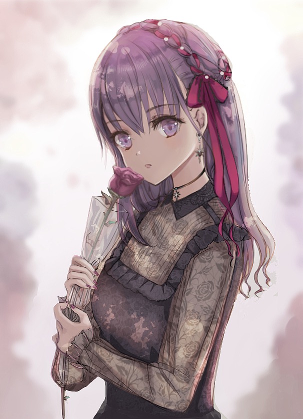 1girl bangs breasts commentary_request dress earrings eyelashes fate/stay_night fate_(series) fingernails flower hair_ribbon holding holding_flower jewelry long_hair long_sleeves looking_at_viewer matou_sakura nail_polish necklace pink_ribbon purple_hair ribbon rose shigure.k solo violet_eyes