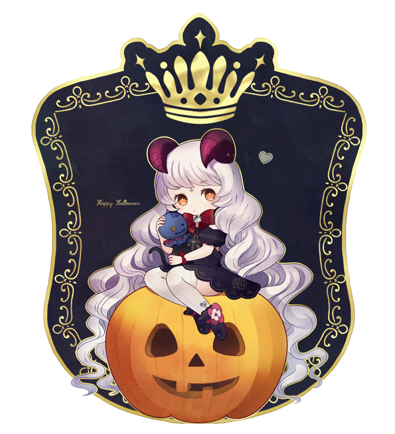 1girl absurdly_long_hair ayu_(mog) black_dress black_footwear boots bow bowtie bright_pupils brown_eyes closed_mouth demon_horns dress english_text grey_hair happy_halloween heart holding horns jack-o'-lantern long_hair looking_at_viewer original puffy_short_sleeves puffy_sleeves pumpkin red_neckwear short_sleeves simple_background sitting solo thigh-highs very_long_hair white_background white_legwear white_pupils wrist_bow