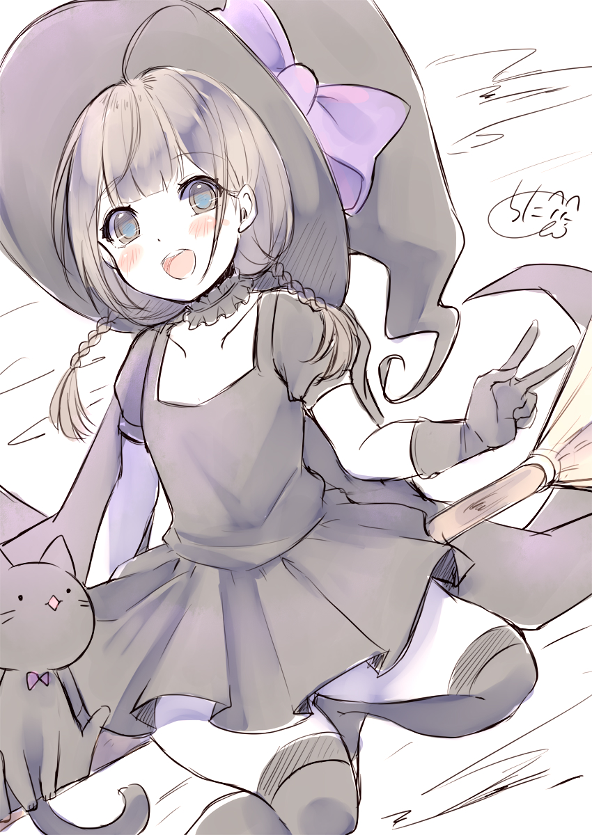 1girl :&lt;&gt; :d animal bangs black_cat black_dress black_gloves black_hair black_headwear black_legwear blue_eyes blush bow braid broom broom_riding cat chita_(ketchup) collarbone commentary_request dress eyebrows_visible_through_hair feet_out_of_frame gloves hat hat_bow highres long_hair low_twintails open_mouth original puffy_short_sleeves puffy_sleeves purple_bow short_sleeves signature smile solo thigh-highs twin_braids twintails v white_background witch witch_hat