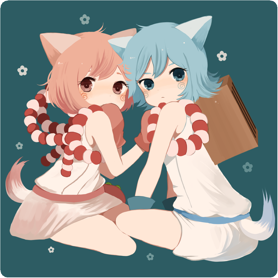 2girls animal_ears ayu_(mog) blue_background blue_eyes blue_gloves blush border cat_ears cat_tail closed_mouth flower gloves looking_at_viewer multiple_girls original red_eyes red_gloves redhead robe short_hair simple_background sitting tail white_border