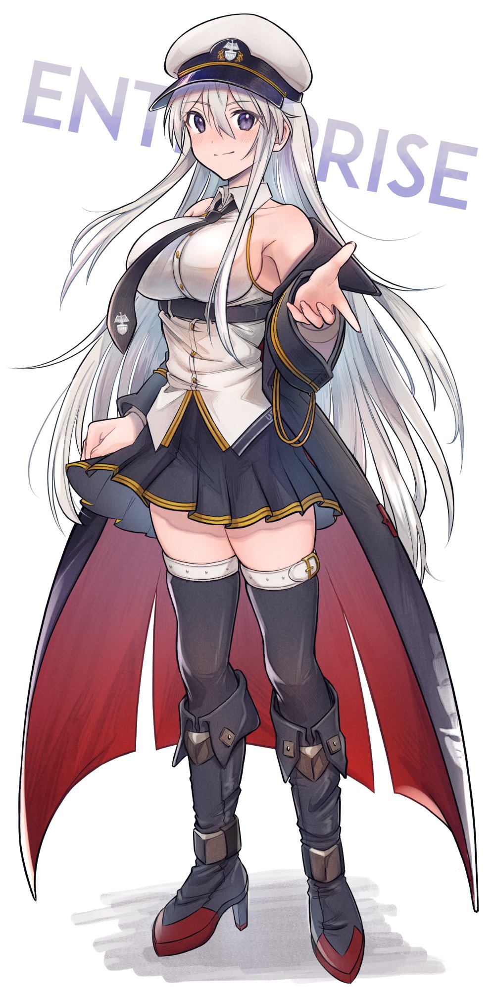 1girl azur_lane belt black_belt black_coat black_footwear black_legwear black_neckwear boots breasts buttersea character_name coat enterprise_(azur_lane) eyebrows_visible_through_hair full_body hat high_heel_boots high_heels highres holding large_breasts long_hair looking_at_viewer military_hat miniskirt necktie open_clothes open_coat outstretched_arm outstretched_hand peaked_cap pleated_skirt reaching shirt simple_background skindentation skirt sleeveless sleeveless_shirt smile solo standing thigh-highs underbust violet_eyes white_hair white_headwear zettai_ryouiki