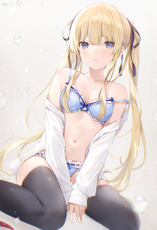 1girl 6u_(eternal_land) bare_shoulders between_legs black_legwear blonde_hair blue_bra blue_eyes blue_panties bra breasts closed_mouth collarbone hair_ribbon long_hair long_sleeves looking_at_viewer medium_breasts no_pants off_shoulder open_clothes open_shirt panties ribbon saenai_heroine_no_sodatekata sawamura_spencer_eriri shirt sitting solo strap_slip thigh-highs twintails underwear very_long_hair wariza white_shirt