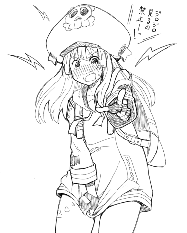! 1girl backpack bag blush eyebrows_visible_through_hair fingerless_gloves gloves greyscale guilty_gear hat heart heart_tattoo hood hoodie long_hair looking_at_viewer may_(guilty_gear) monochrome open_mouth pointing pointing_at_viewer ponkotsu simple_background sketch solo sweat tattoo tongue white_background