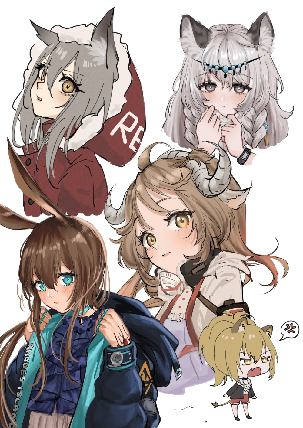 5girls ahoge amiya_(arknights) anger_vein angry animal_ear_fluff animal_ears aqua_choker aqua_eyes arknights black_jacket blonde_hair blue_neckwear blush braid brown_hair chibi choker circlet closed_mouth clothes_writing coat commentary cravat dress expulse eyebrows_visible_through_hair eyelashes eyjafjalla_(arknights) fang fur-trimmed_hood fur_trim gas_mask grey_eyes hair_between_eyes highres hood hooded_jacket horns jacket jewelry leopard_ears lion_ears lion_tail lips long_hair looking_at_viewer mask_around_neck medium_hair multiple_girls multiple_rings open_clothes open_coat open_mouth orange_eyes ore_lesion_(arknights) ponytail pramanix_(arknights) projekt_red_(arknights) purple_dress rabbit_ears red_jacket red_shorts ribbed_sweater ring sheep_ears sheep_horns shirt short_shorts shorts side_braids siege_(arknights) silver_hair simple_background single_earring smile spoken_anger_vein sweater tail tassel_earrings topknot turtleneck turtleneck_sweater twin_braids upper_body white_background white_coat white_shirt white_sweater wolf_ears yellow_eyes