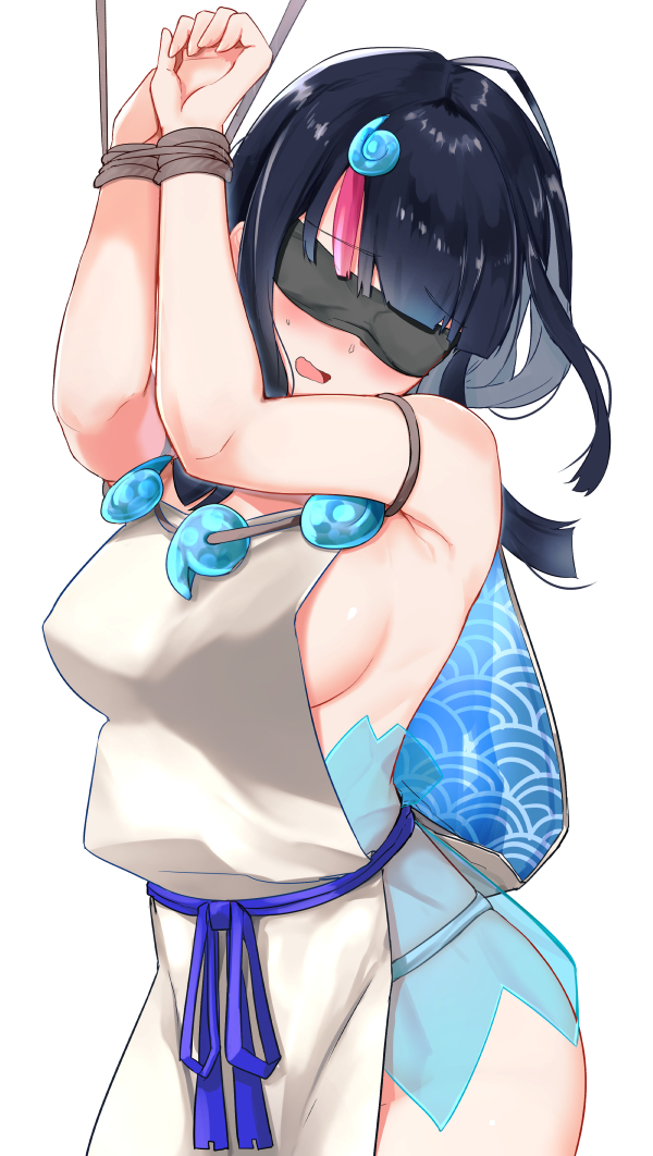 1girl bangs bare_shoulders black_hair blindfold blue_ribbon blush bound bound_wrists breasts covered_eyes dress fate/grand_order fate/requiem fate_(series) fundoshi hands_up head_tilt japanese_clothes jewelry large_breasts magatama magatama_hair_ornament medium_hair multicolored_hair necklace open_mouth pelvic_curtain pink_hair ribbon short_dress sideboob sideless_outfit simple_background sleeveless sleeveless_dress streaked_hair thighs utsumi_erise white_background white_dress yuuzuki_(re'ef)