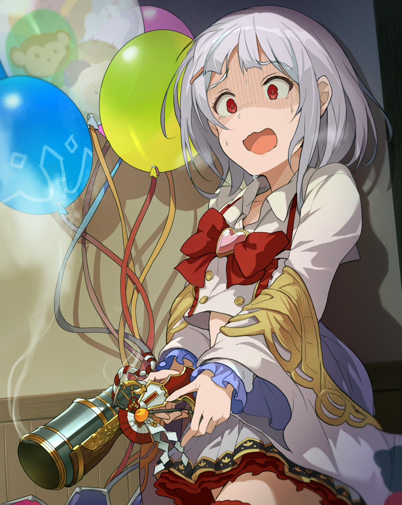 1girl balloon bow bowtie commentary_request eyebrows_visible_through_hair granblue_fantasy gun hair_between_eyes hinami_(hinatamizu) holding holding_gun holding_weapon indoors layered_skirt long_sleeves looking_at_viewer medium_hair open_mouth red_eyes red_neckwear scared shirt silver_hair skirt smoke smoking_gun solo sweatdrop vikala_(granblue_fantasy) wall weapon white_shirt white_skirt