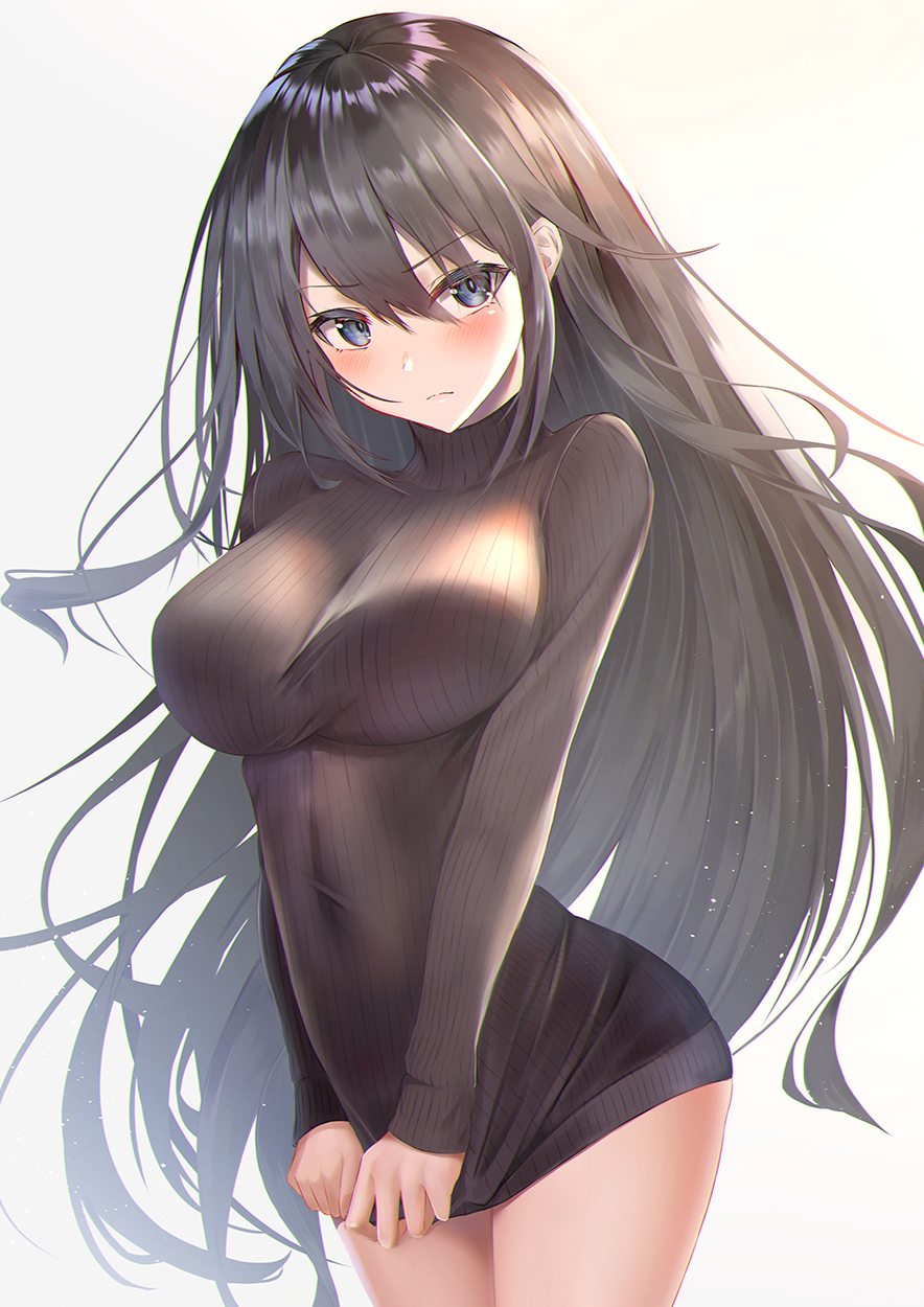 1girl bangs black_hair black_sweater blue_eyes blush bottomless breasts closed_mouth clothes_tug covered_navel cowboy_shot embarrassed hair_between_eyes highres large_breasts long_hair long_sleeves looking_at_viewer original ribbed_sweater simple_background solo sweater sweater_tug turtleneck turtleneck_sweater v_arms very_long_hair white_background yk_(pixiv43531291)