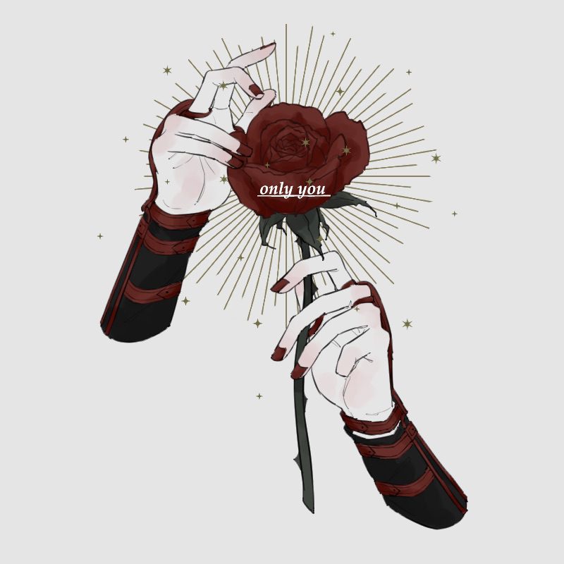 1boy arm_garter disembodied_limb english_text flower grey_background hands holding holding_flower kashuu_kiyomitsu male_focus pohu red_flower red_nails red_rose rose simple_background solo thorns touken_ranbu