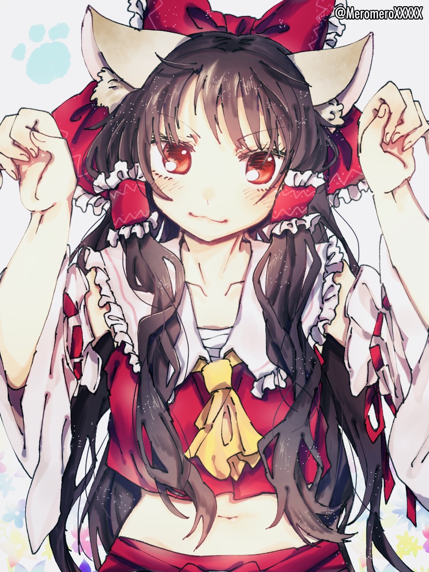 1girl :3 animal_ears ascot bangs black_hair bow cat_ears closed_mouth collarbone crop_top detached_sleeves eyebrows_visible_through_hair frilled_bow frilled_hair_tubes frilled_shirt_collar frills hair_bow hakurei_reimu kemonomimi_mode long_hair long_sleeves looking_at_viewer navel nontraditional_miko paw_print red_bow red_eyes red_shirt ribbon-trimmed_sleeves ribbon_trim sarashi shirt sleeveless sleeveless_shirt solo touhou twitter_username umikinoko_(umitake) very_long_hair wide_sleeves yellow_neckwear