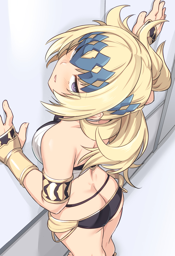 1girl against_wall armlet ass back bangs bare_shoulders black_panties blonde_hair blush bracer breasts bridal_gauntlets diadem fate/grand_order fate_(series) halter_top halterneck jewelry looking_at_viewer looking_up medium_breasts medium_hair open_mouth panties parted_lips pollux_(fate/grand_order) shiseki_hirame thighs underwear violet_eyes