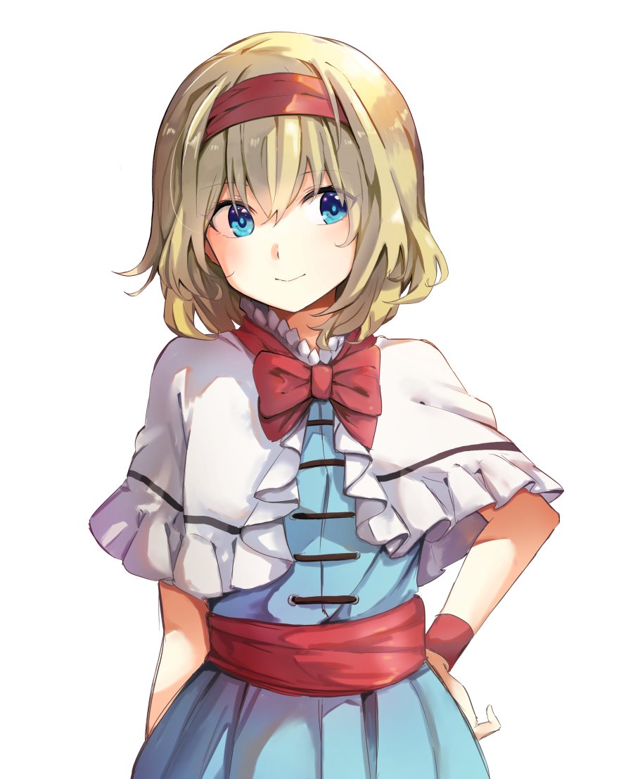 1girl alice_margatroid bangs blonde_hair blue_dress blue_eyes bow capelet dress eyebrows_visible_through_hair eyes_visible_through_hair frills hairband hand_on_hip lolita_hairband mitsunara red_bow red_neckwear sash short_hair short_sleeves solo touhou white_background white_capelet