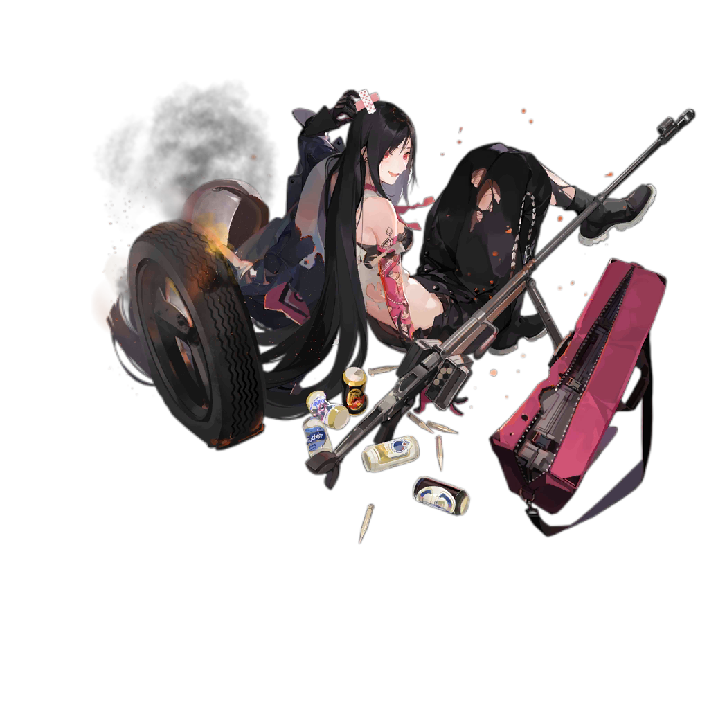 1girl :d alternate_costume ammunition ankle_boots arm_at_side arm_support arm_tattoo arm_up arms_up bag bandaid bare_shoulders beer_can black_bra black_footwear black_hair black_pants boots bra breasts bullet can cartridge cover crossed_bandaids crushed_can damaged earrings fake_cover full_body girls_frontline gloves gun headwear_removed helmet helmet_removed jacket jewelry long_hair medium_breasts nineo official_art open_mouth pants pzb39_(girls_frontline) red_eyes rifle scratching_head sitting smile smoke sniper_rifle soda_can solo tattoo tire torn_clothes torn_pants transparent_background underwear very_long_hair weapon wheel