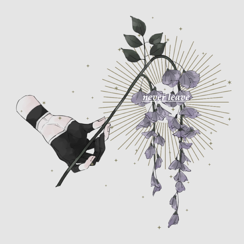 1boy black_gloves branch disembodied_limb english_text fingernails flower gloves grey_background hands holding holding_flower male_focus partly_fingerless_gloves pohu purple_flower simple_background solo touken_ranbu tsurumaru_kuninaga wisteria wristband