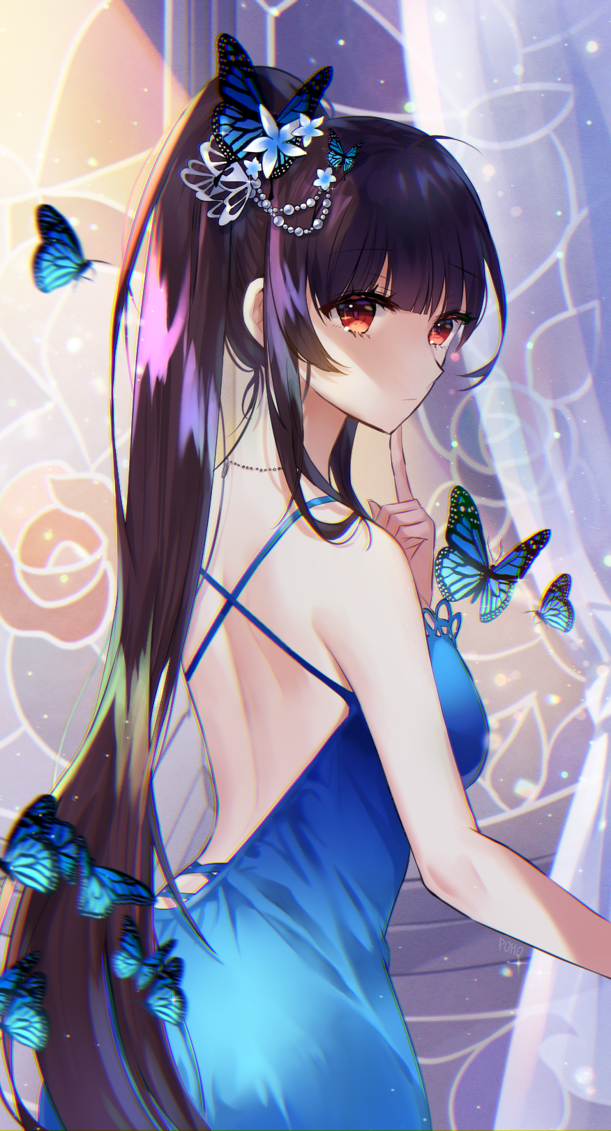 1girl agano_(azur_lane) ahoge alternate_costume azur_lane bangs bare_back bare_shoulders black_hair blue_butterfly blue_dress bug butterfly dress hair_ornament highres insect long_hair looking_at_viewer poho ponytail red_eyes solo very_long_hair