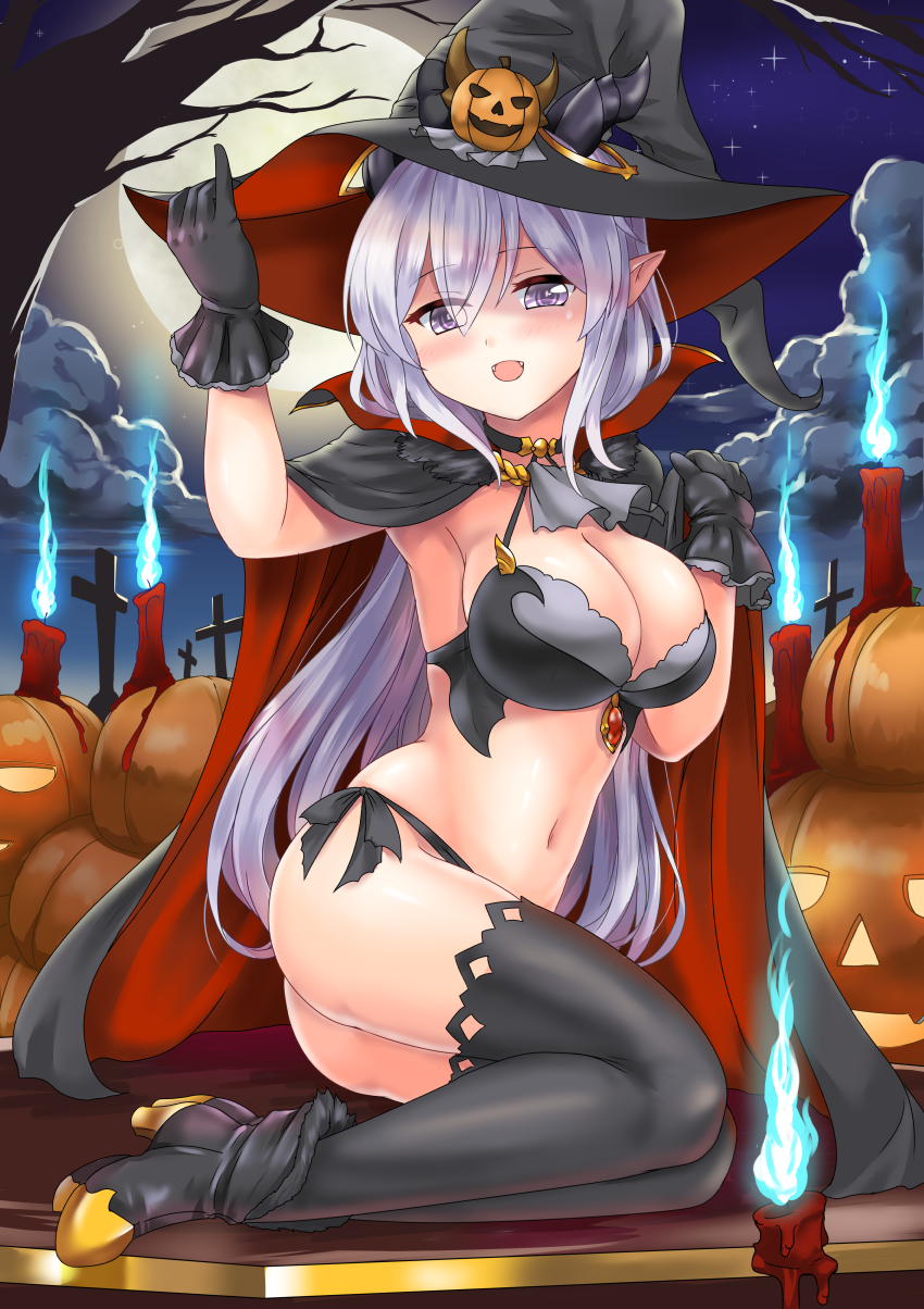 1girl armpits arms_up bikini black_bikini black_gloves black_legwear boots breasts candle capelet choker clip_studio_paint_(medium) cloak clouds demon_girl fangs full_moon gloves halloween hat high_heel_boots high_heels highres horns jack-o'-lantern large_breasts lavender_eyes long_hair looking_at_viewer miyuki_rei moon navel night night_sky original pointy_ears silver_hair sky smile solo straight_hair swimsuit thigh-highs trick_or_treat very_long_hair witch_hat