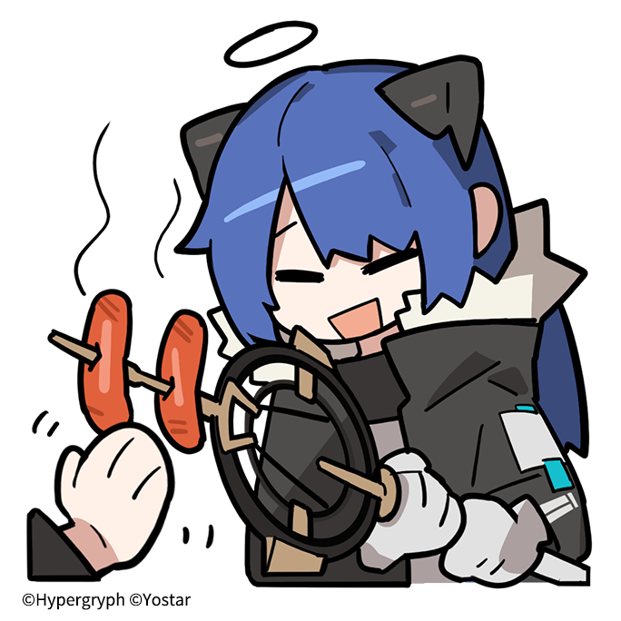 1girl :d =_= arknights bangs black_jacket blue_hair chibi commentary_request company_name cropped_torso food fur-trimmed_jacket fur_trim gloves halo holding holding_staff horns jacket line_(naver) long_hair long_sleeves looking_at_another mostima_(arknights) official_art open_clothes open_jacket open_mouth sausage simple_background skewer smile staff watermark waving white_background white_gloves