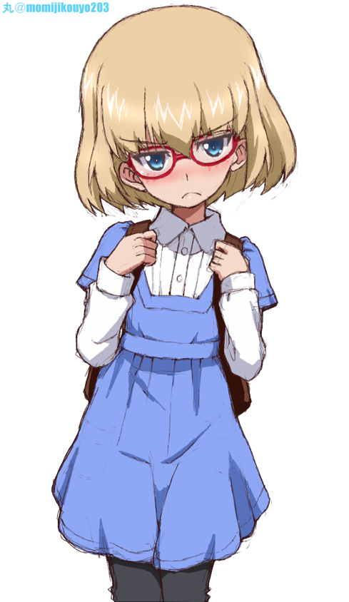 1girl artist_name backpack bag bespectacled black_legwear blue_dress blush closed_mouth collared_shirt commentary_request cowboy_shot dress eyebrows_visible_through_hair frown girls_und_panzer glasses head_tilt kayabakoro long_sleeves looking_at_viewer pantyhose partial_commentary red-framed_eyewear shirt short_dress short_over_long_sleeves short_sleeves simple_background solo standing twitter_username white_background white_shirt