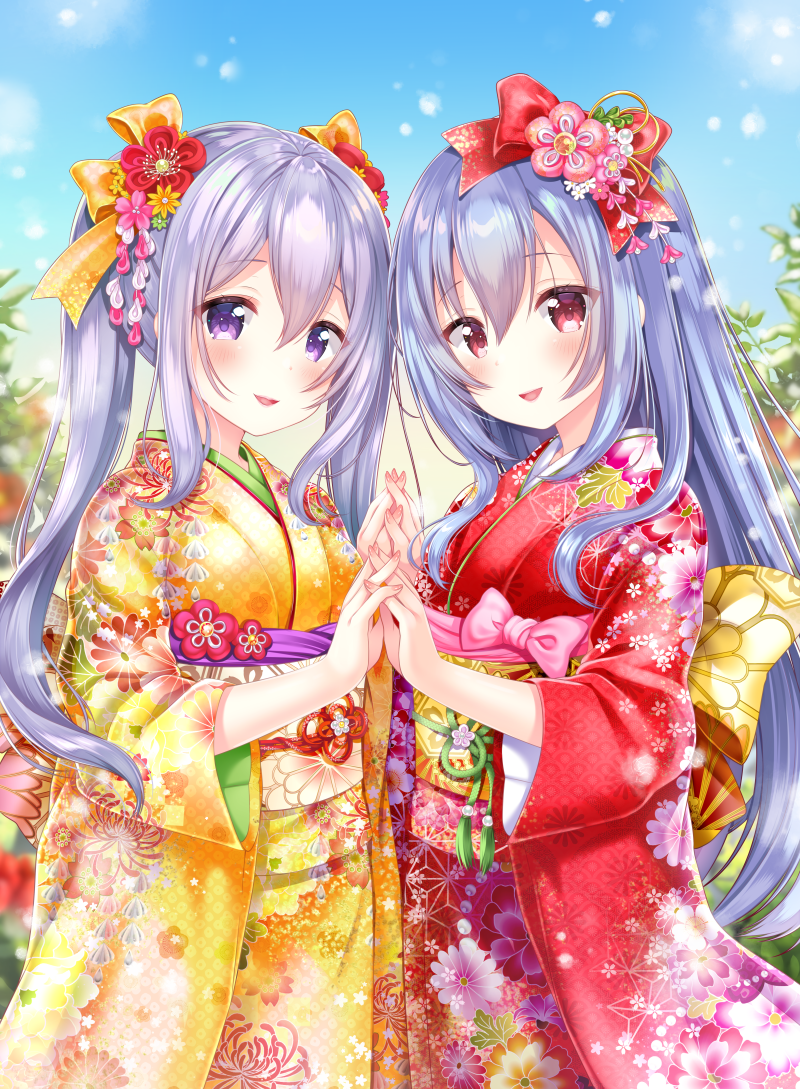 2girls aoba_chise aoba_project aoba_rena back_bow bangs blue_sky blurry blurry_background blush bow commentary_request depth_of_field eyebrows_visible_through_hair floral_print flower from_side hair_between_eyes hair_bow hair_flower hair_ornament holding_hands interlocked_fingers japanese_clothes kanzashi kimono long_hair looking_at_viewer looking_to_the_side multiple_girls nail_polish obi open_mouth orange_bow outdoors pink_bow pink_nails print_kimono red_bow red_eyes red_flower sakura_moyon sash sidelocks silver_hair sky smile twintails violet_eyes wide_sleeves