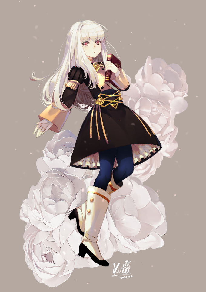 1girl albino bangs black_dress blue_legwear book boots dated dress eyebrows_visible_through_hair fire_emblem fire_emblem:_three_houses flower frills fringe_trim full_body garreg_mach_monastery_uniform grey_background high_heel_boots high_heels holding holding_book kero_sweet knee_boots long_hair long_sleeves looking_at_viewer lysithea_von_ordelia pantyhose parted_lips petticoat red_eyes rose signature silver_hair solo white_flower white_footwear white_rose