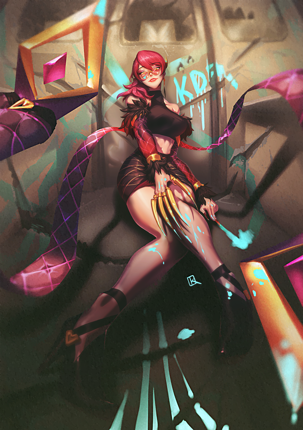 1girl breasts claws detached_sleeves evelynn full_body fur_trim glasses ground_vehicle high_heels highres idol jin_rou k/da_(league_of_legends) k/da_evelynn league_of_legends lipstick looking_at_viewer makeup medium_breasts midriff motor_vehicle pince-nez purple_hair sitting skirt sleeveless smile solo sunglasses van yellow_eyes