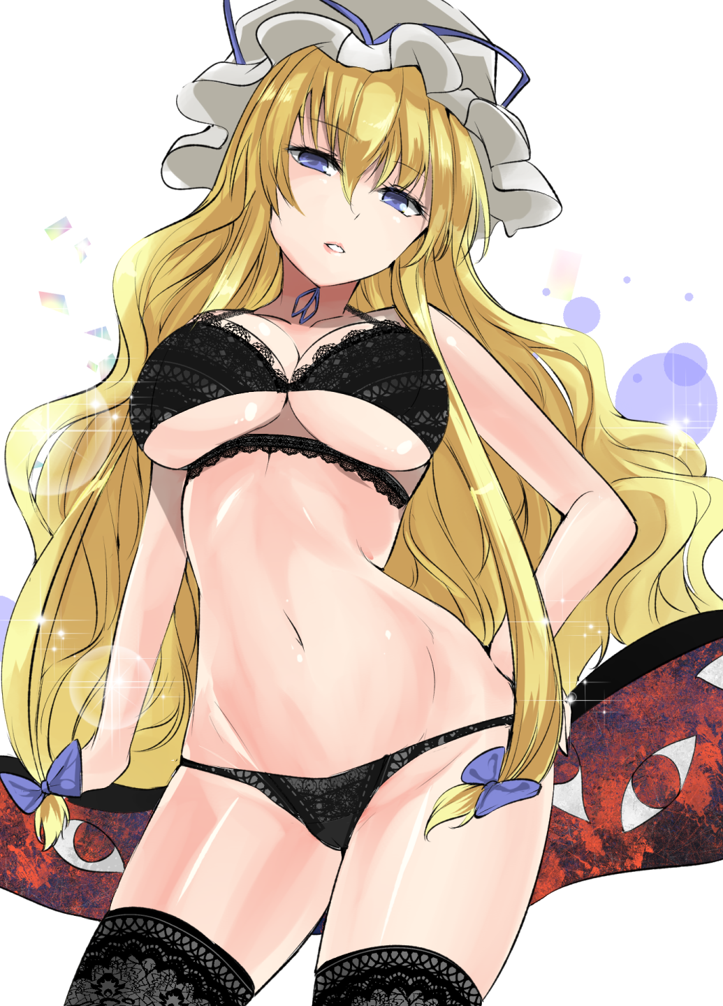 1girl alternate_color alternate_eye_color bangs bare_arms bare_shoulders black_bra black_legwear black_panties blonde_hair blue_bow blue_eyes blue_ribbon bow bra breasts commentary_request cowboy_shot eyebrows_visible_through_hair groin hair_between_eyes hair_bow hand_on_hip hat hat_ribbon head_tilt highres large_breasts lens_flare long_hair looking_at_viewer mob_cap navel panties parted_lips ribbon simple_background solo sparkle standing stomach thigh-highs thighs touhou under_boob underwear underwear_only very_long_hair white_background white_headwear y2 yakumo_yukari