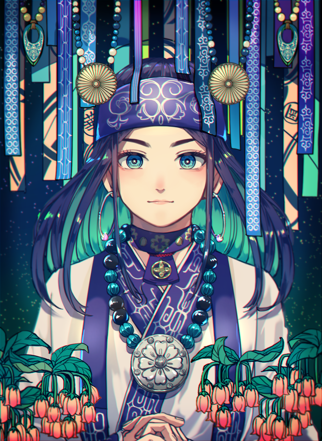 1girl ainu ainu_clothes aqua_eyes araiguma_(gomipanda123) asirpa bandana black_hair blue_bandana blue_eyes closed_mouth commentary_request ear_piercing earrings facing_viewer golden_kamuy hands_together highres hoop_earrings jewelry long_hair looking_at_viewer necklace piercing sidelocks simple_background smile upper_body