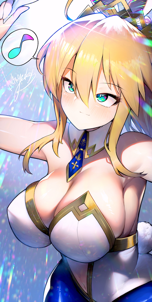 1girl animal_ears artoria_pendragon_(all) artoria_pendragon_(lancer) artoria_pendragon_(swimsuit_ruler)_(fate) bad_face bangs blonde_hair blue_legwear blue_neckwear braid breasts bunny_girl bunnysuit detached_collar fate/grand_order fate_(series) french_braid green_eyes hair_between_eyes highleg highleg_leotard highres large_breasts leotard musical_note navel_cutout nichigeckoh rabbit_ears solo spoken_musical_note swept_bangs tiara white_leotard wrist_cuffs