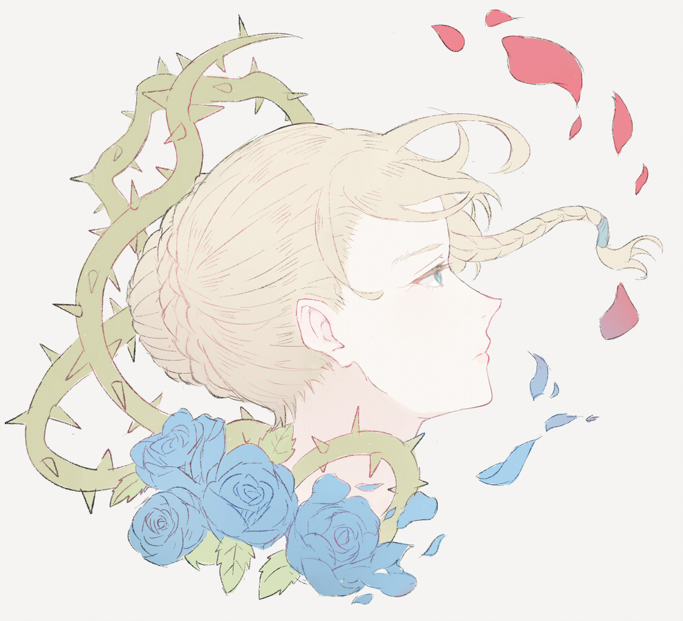 1girl black_clover blonde_hair blue_eyes blue_flower blue_rose braid charlotte_roselei flower grey_background hair_bun looking_away neekochanii petals plant rose rose_petals side_braid solo thorns upper_body vines