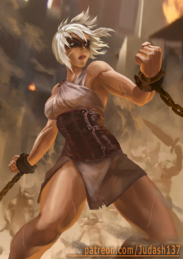 1girl armpits bare_shoulders bdsm bondage bound breasts chains hair_between_eyes judash137 large_breasts league_of_legends legs looking_at_viewer makeup muscle open_mouth paid_reward patreon_reward restrained riven_(league_of_legends) short_hair slave solo thighs toned white_hair