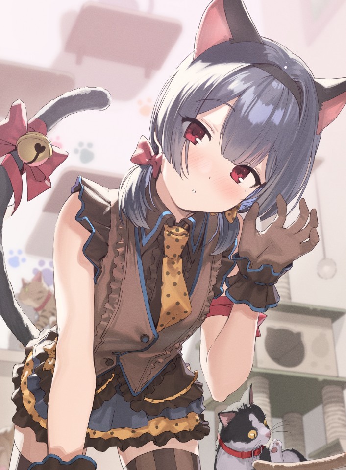 1girl all_fours animal animal_ears bangs bell black_hair black_hairband black_shirt blue_skirt blurry blurry_background blush bow brown_gloves brown_legwear brown_neckwear brown_vest cat cat_ears cat_girl cat_tail cat_tower center_frills clip_studio_paint_(medium) collar collared_shirt commentary_request depth_of_field eyebrows_visible_through_hair frills gloves hair_between_eyes hair_bow hairband hand_up head_tilt idolmaster idolmaster_shiny_colors indoors jingle_bell kanzarin_(hoochikiss) low_twintails morino_rinze necktie parted_lips pleated_skirt polka_dot_neckwear red_bow red_collar red_eyes shirt short_twintails skirt sleeveless sleeveless_shirt solo striped striped_legwear tail tail_bell tail_bow tail_raised thigh-highs twintails vertical-striped_legwear vertical_stripes vest