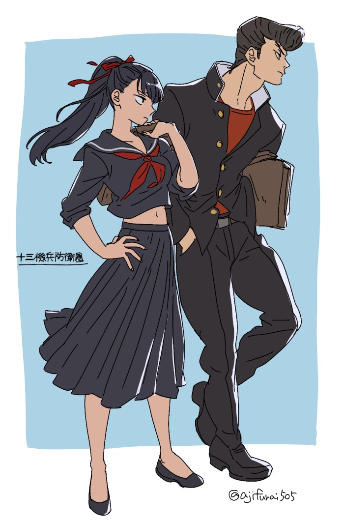 1boy 1girl asaya_minoru bag belt black_eyes black_footwear black_hair black_pants black_shirt black_skirt blue_background breasts carrying_over_shoulder carrying_under_arm closed_mouth copyright_name expressionless floating_hair from_side full_body gakuran hair_ribbon hand_in_pocket hand_on_hip juusan_kihei_bouei_ken long_hair medium_breasts midriff navel ogata_nenji pants partially_unbuttoned pleated_skirt pompadour ponytail profile red_ribbon red_shirt ribbon sailor_collar school_bag school_uniform serafuku shirt shoes short_hair simple_background skirt sleeves_rolled_up standing takemiya_yuki twitter_username undershirt