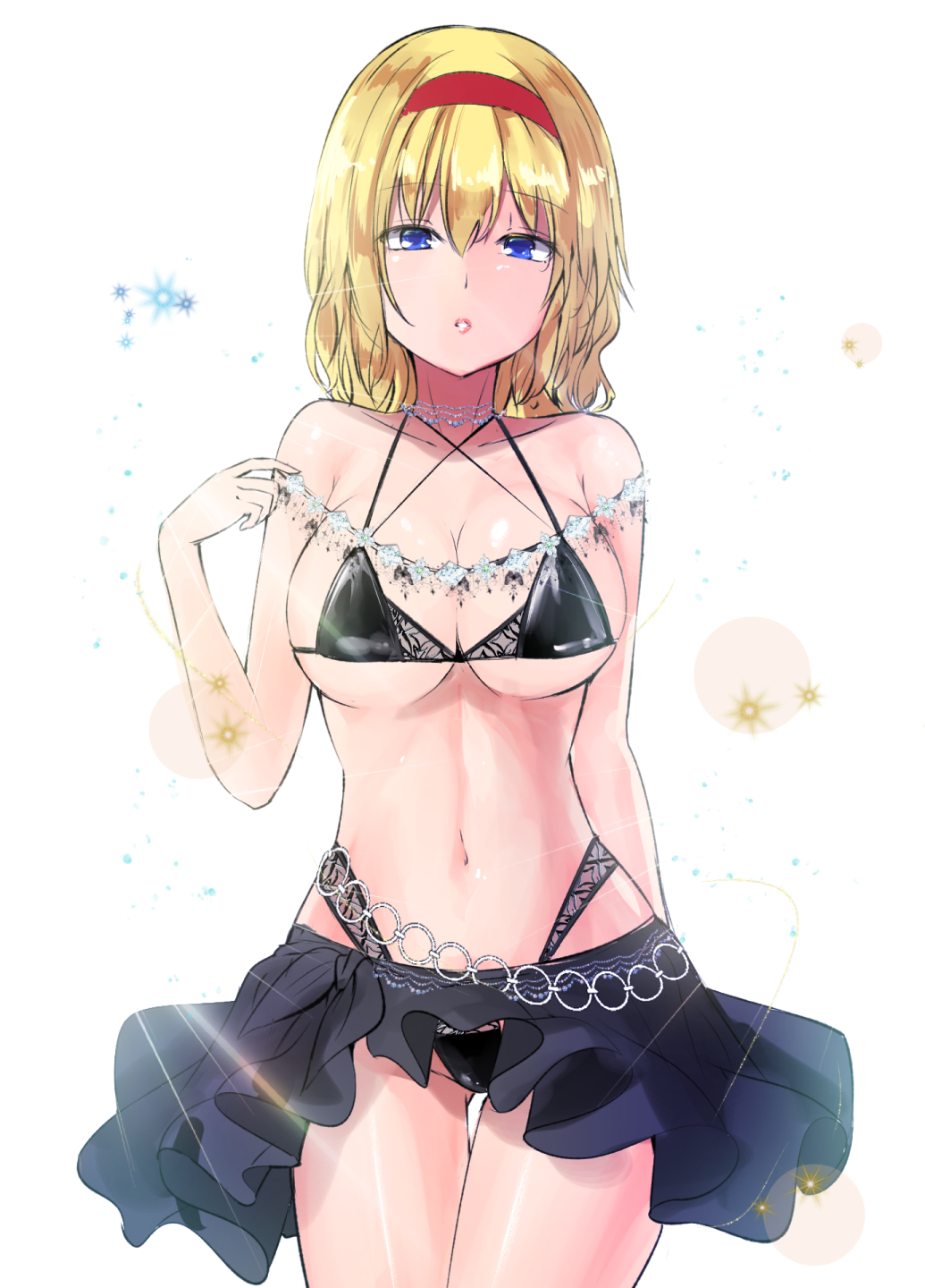 1girl alice_margatroid bangs bare_arms bare_shoulders bikini bikini_skirt black_bikini black_skirt blonde_hair blue_eyes breasts commentary_request cowboy_shot criss-cross_halter eyebrows_visible_through_hair hair_between_eyes hairband halterneck hand_up highleg highleg_bikini highres large_breasts looking_at_viewer medium_hair parted_lips red_hairband simple_background skirt solo standing swimsuit thighs touhou white_background y2