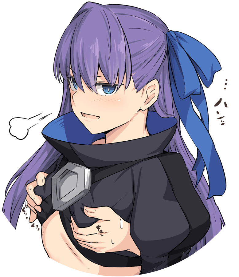 1girl bangs blue_eyes breast_grab breasts eyebrows_visible_through_hair fang fate/extra fate/extra_ccc fate_(series) grabbing grabbing_from_behind hair_ribbon long_hair long_sleeves looking_at_viewer meltryllis puffy_sleeves purple_hair ribbon shiseki_hirame sigh simple_background small_breasts solo_focus very_long_hair white_background