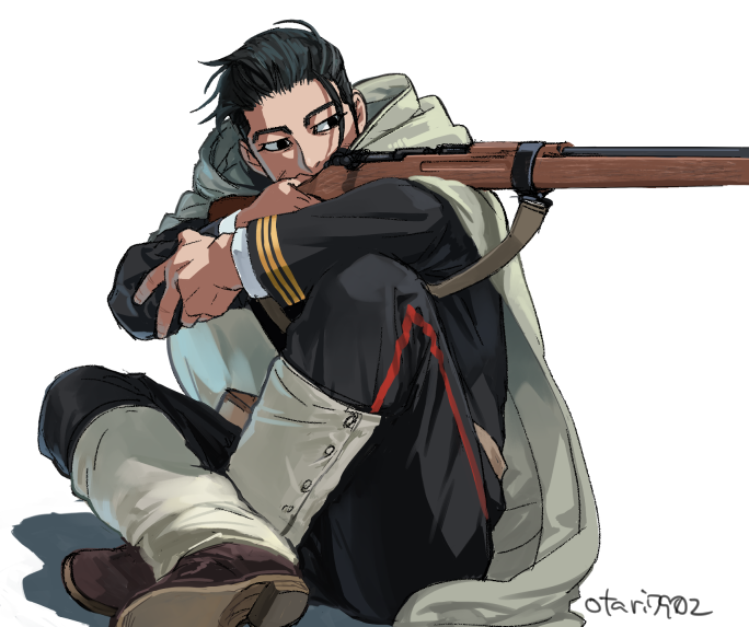 1boy aiming arisaka artist_name black_eyes black_hair bolt_action brown_footwear cape commentary_request facial_scar gaiters golden_kamuy gun hair_slicked_back holding holding_gun holding_weapon hood hood_down hooded_cape indesign long_sleeves looking_away looking_to_the_side male_focus military military_uniform ogata_hyakunosuke pants rifle scar scar_on_cheek shadow simple_background sitting sniper solo uniform weapon white_background