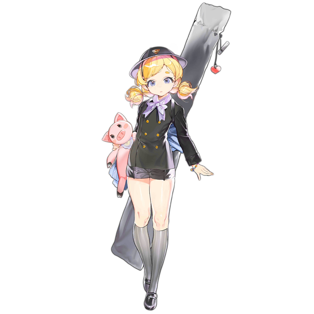 1girl alternate_costume black_footwear black_jacket black_shorts blonde_hair blue_eyes blush bracelet double-breasted flat_chest girls_frontline grey_legwear hat head_tilt holding holding_stuffed_animal jacket jewelry kneehighs looking_at_viewer low_twintails mary_janes medium_hair official_art open_mouth ots-44_(girls_frontline) rosele shiny shiny_skin shoes short_eyebrows short_shorts shorts solo stuffed_animal stuffed_pig stuffed_toy tareme transparent_background twintails weapon_bag younger