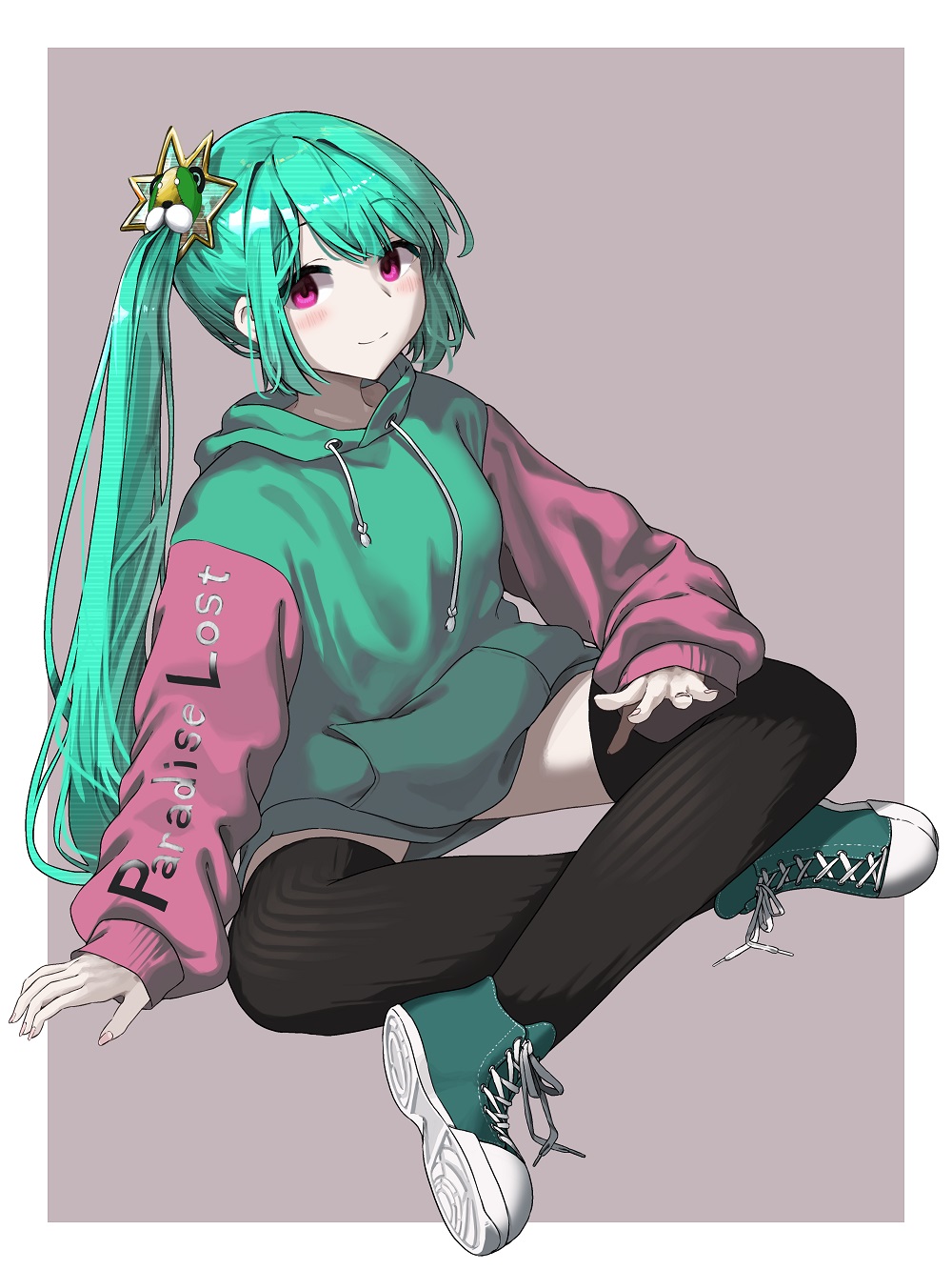 1girl bangs black_legwear blush border closed_mouth crossed_legs drawstring eyebrows_visible_through_hair full_body green_footwear green_hair green_sweater hair_ornament highres hood hoodie long_hair long_sleeves looking_at_viewer magia_record:_mahou_shoujo_madoka_magica_gaiden mahou_shoujo_madoka_magica multicolored multicolored_clothes multicolored_sweater noeru pink_sleeves rumor_tsuruno shoelaces shoes side_ponytail sidelocks sitting smile solo sweater thigh-highs violet_eyes yui_tsuruno