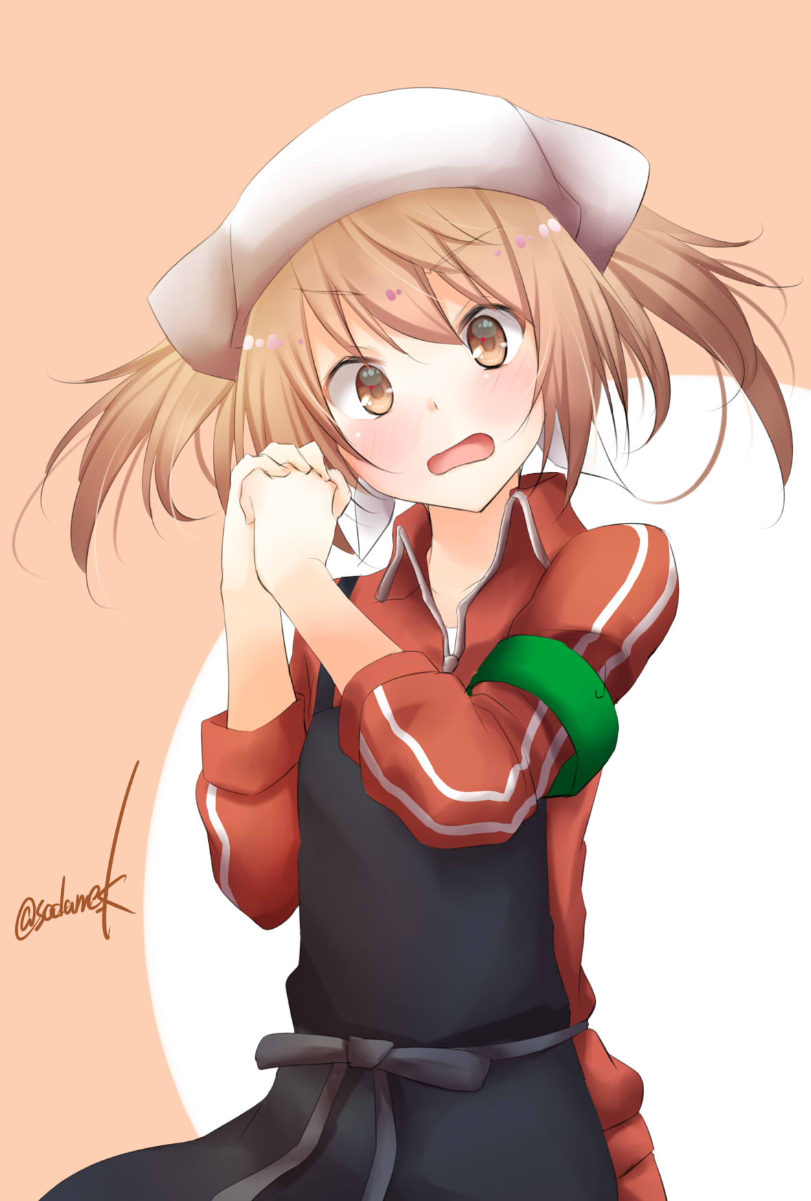 1girl alternate_costume apron armband bandana black_apron brown_eyes commentary_request cowboy_shot highres jacket kamijou_sadame kantai_collection light_brown_hair looking_at_viewer michishio_(kantai_collection) pants red_jacket red_pants solo track_jacket track_pants track_suit twitter_username two-tone_background