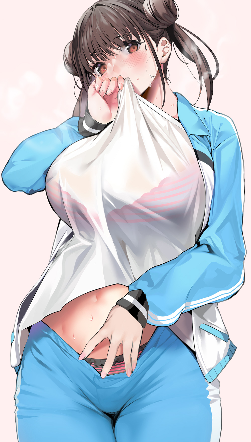 1girl bangs blue_jacket blue_pants blush bra breasts brown_eyes brown_hair commentary_request double_bun highres idolmaster idolmaster_shiny_colors jacket large_breasts long_hair long_sleeves looking_at_viewer marushin_(denwa0214) navel open_clothes open_jacket panties pants pink_background pink_bra pink_panties shirt shirt_lift short_twintails sonoda_chiyoko steaming_body sweat track_jacket track_pants twintails underwear white_shirt