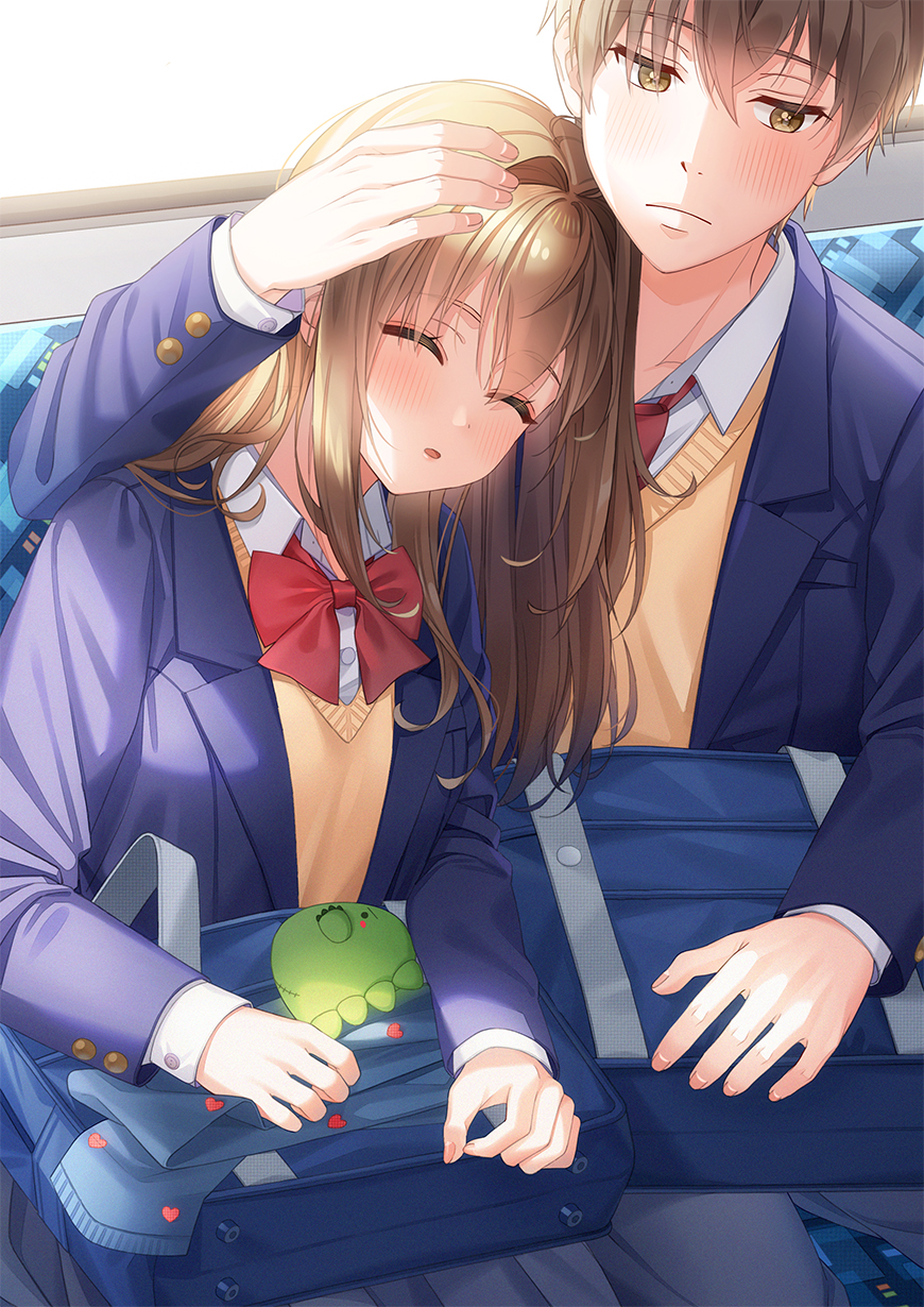 1boy 1girl ahoge bag bangs blue_jacket blush bow bowtie breasts brown_hair closed_eyes collared_shirt commentary cuddling day hair_between_eyes hair_intakes hand_on_another's_head heart heart_print highres jacket long_hair long_sleeves looking_away medium_breasts necktie original parted_lips red_neckwear scarf scarf_removed school_uniform shirt sitting sleeping sleeping_upright train_interior unjem