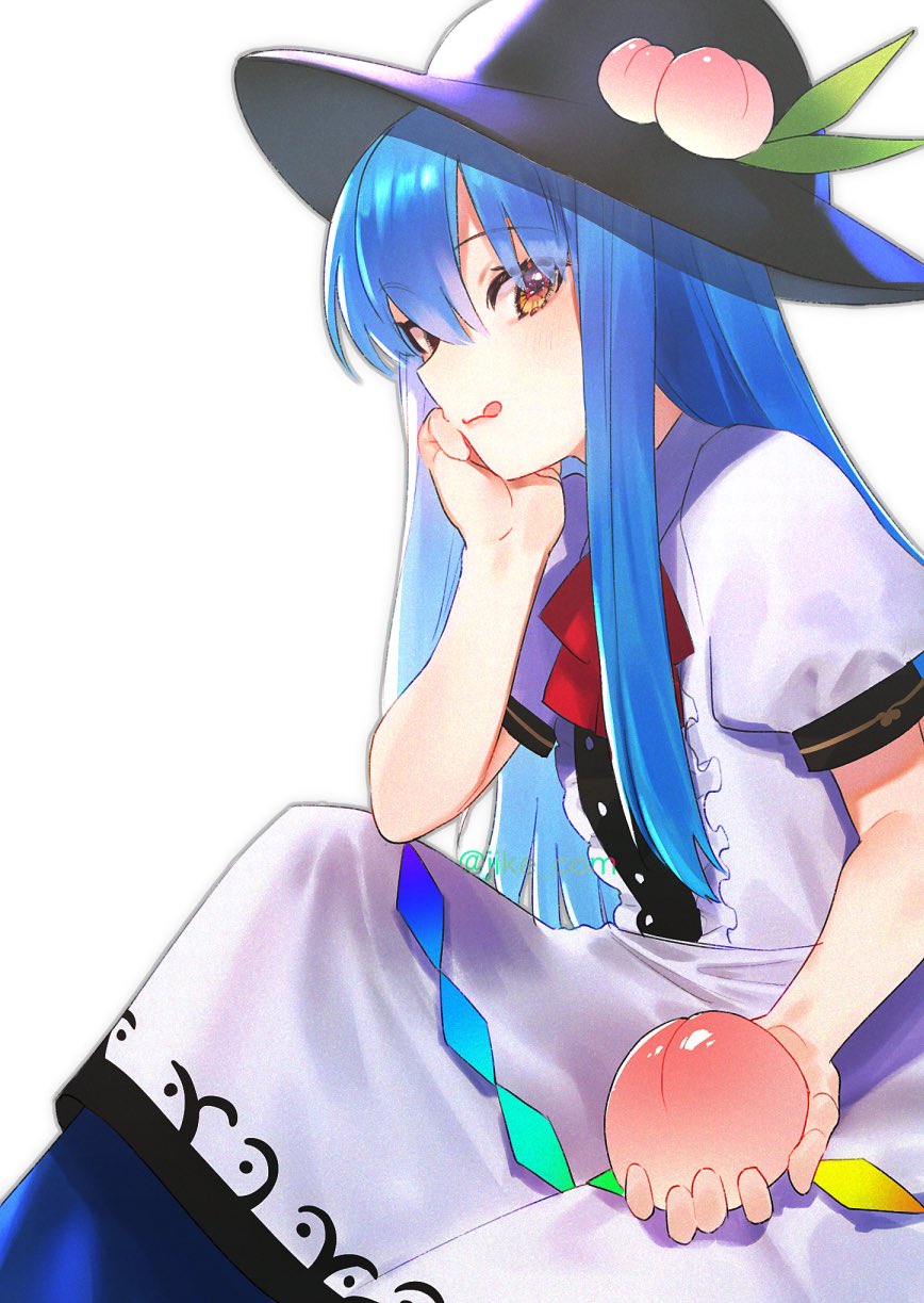 1girl black_headwear blue_skirt blush breasts commentary cowboy_shot dress eyebrows_visible_through_hair food fruit hair_between_eyes hand_on_own_chin hat highres hinanawi_tenshi hitsujike_(hamsterhouse) holding holding_food holding_fruit licking_lips long_hair looking_at_viewer neck_ribbon peach red_neckwear ribbon short_sleeves simple_background sitting skirt small_breasts smile solo tongue tongue_out touhou twitter_username white_background white_dress
