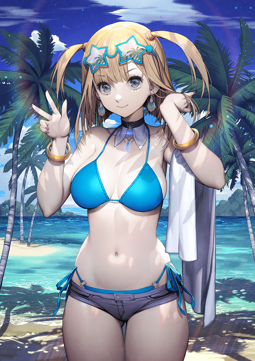1girl bangle bangs bikini bikini_under_clothes blonde_hair blue_bikini blue_sky bracelet breasts character_request clouds cloudy_sky copyright_request earrings eyewear_on_head hands_up highres jewelry large_breasts looking_at_viewer mandrill navel outdoors palm_tree shadow short_shorts shorts side_ponytail sky smile solo star-shaped_eyewear swimsuit tree w water