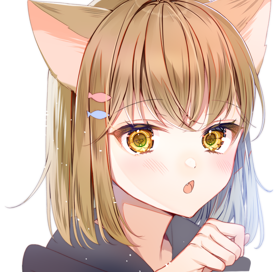 1girl animal_ears bangs brown_eyes brown_hair chano_hinano chestnut_mouth commentary_request eyebrows_visible_through_hair fang fish_hair_ornament hair_ornament hand_up hood hood_down looking_at_viewer original parted_lips simple_background solo white_background