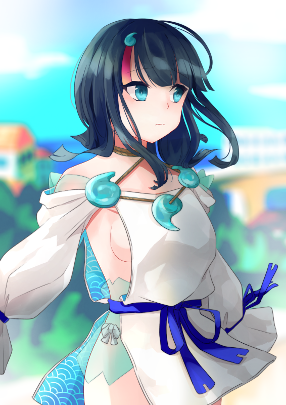 1girl akio_yuukan bangs bare_shoulders black_hair blue_eyes blue_ribbon blue_sky blurry blurry_background blush breasts closed_mouth dress fate/grand_order fate/requiem fate_(series) jewelry long_sleeves looking_to_the_side magatama magatama_hair_ornament medium_breasts medium_hair multicolored_hair necklace outdoors pelvic_curtain pink_hair puffy_long_sleeves puffy_sleeves ribbon short_dress sideboob sideless_outfit sky streaked_hair thighs utsumi_erise white_dress