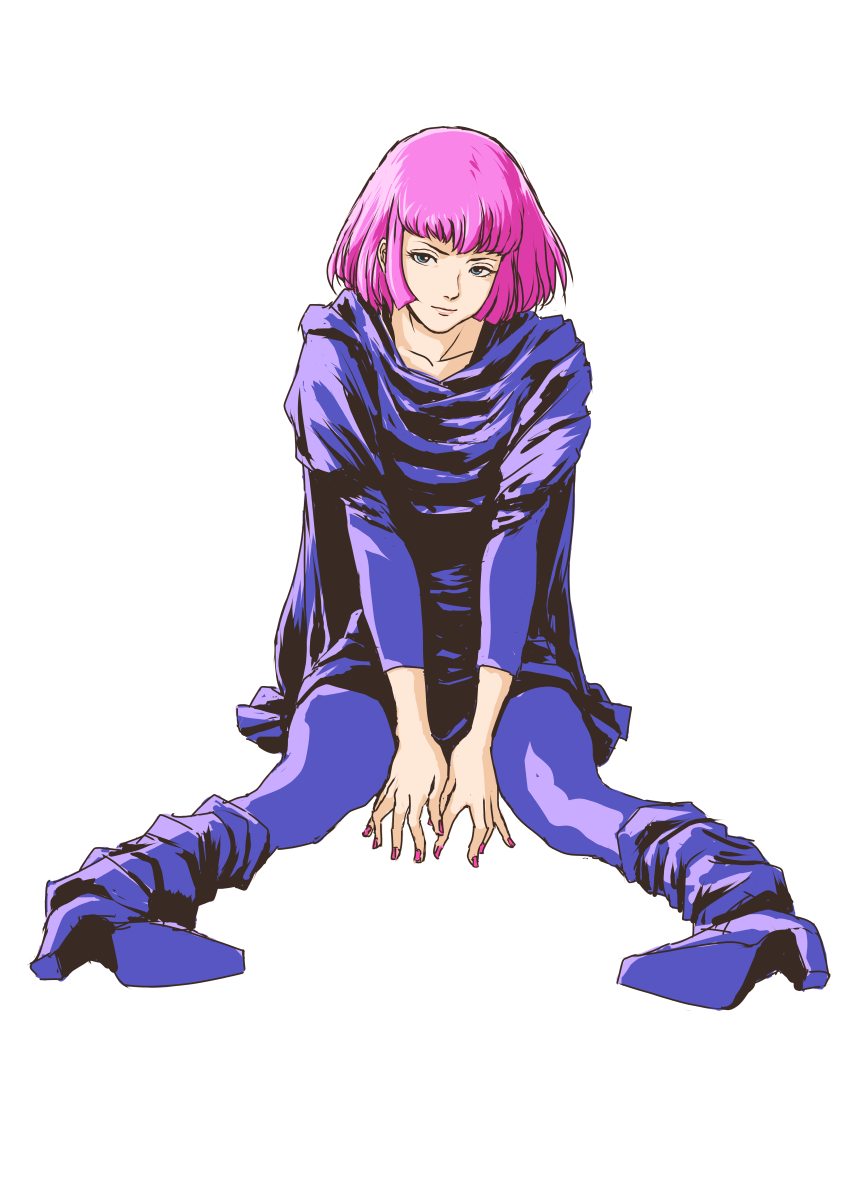 1girl cape closed_mouth dress gundam haman_karn highres looking_at_viewer pantyhose pink_hair short_hair simple_background solo teikoku_jokyoku white_background zeta_gundam