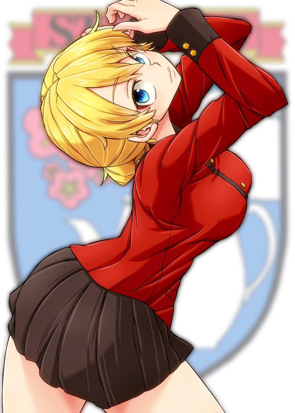 1girl aono3 arched_back arms_up black_skirt blonde_hair blue_eyes blurry blurry_background braid closed_mouth commentary darjeeling_(girls_und_panzer) emblem eyebrows_visible_through_hair from_side girls_und_panzer head_back highres jacket leaning_forward long_sleeves looking_at_viewer military military_uniform miniskirt pleated_skirt red_jacket short_hair skirt solo st._gloriana's_(emblem) st._gloriana's_military_uniform standing tied_hair uniform