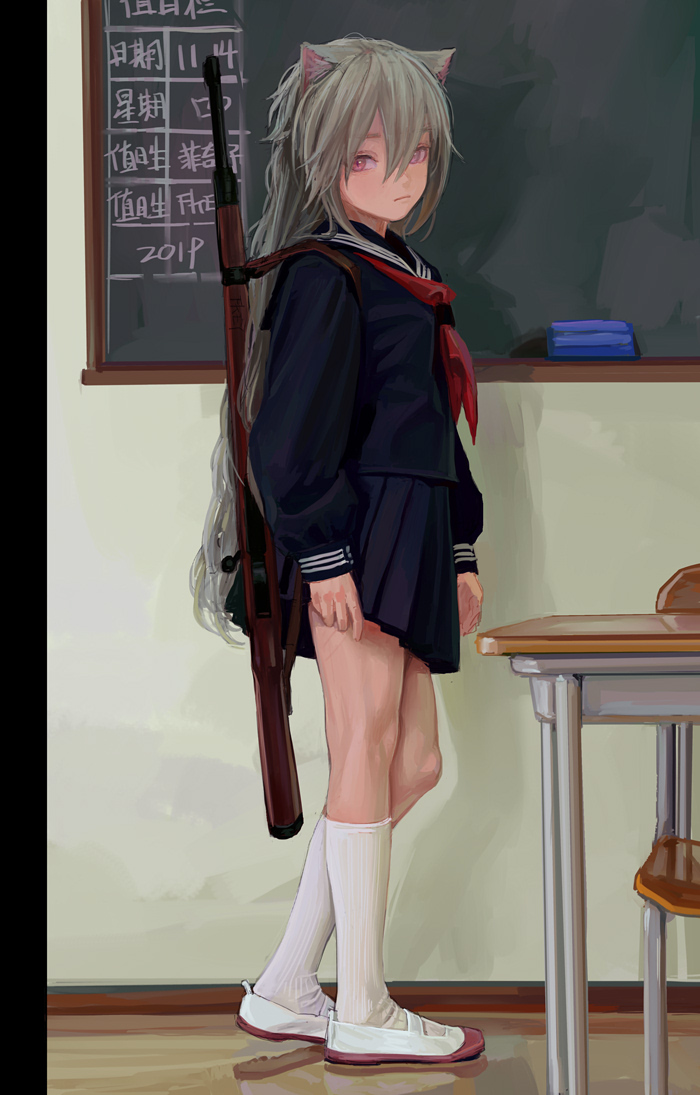 1girl animal_ears black_sailor_collar black_serafuku cat_ears chair desk fkey full_body grey_hair gun hair_between_eyes indoors kneehighs long_sleeves neckerchief original pink_eyes pleated_skirt red_neckwear rifle rifle_on_back sailor_collar school_chair school_desk school_uniform serafuku shoes skirt solo uwabaki weapon weapon_on_back weapon_request white_legwear whiteboard