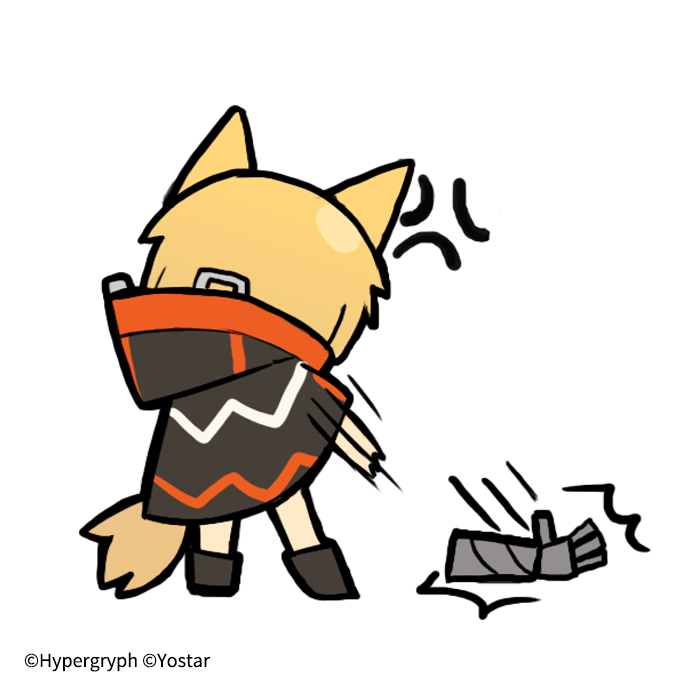 1girl anger_vein angry animal_ears arknights black_cloak black_footwear blonde_hair chibi cloak commentary_request company_name fox_ears fox_tail from_behind full_body gauntlets gloves line_(naver) motion_lines official_art shoes simple_background single_gauntlet single_glove solo standing tail throwing watermark white_background