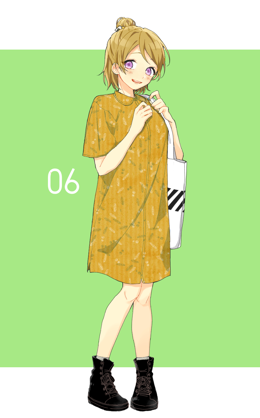 1girl ankle_boots azuma_(no488888) bag black_footwear boots casual facing_viewer green_background hair_bun highres holding holding_bag koizumi_hanayo light_brown_hair long_shirt looking_at_viewer love_live! love_live!_school_idol_project open_mouth shirt short_hair smile solo violet_eyes white_bag yellow_shirt
